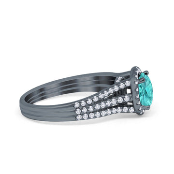 Halo Engagement Ring Accent Dazzling Black Tone, Simulated Paraiba Tourmaline CZ 925 Sterling Silver